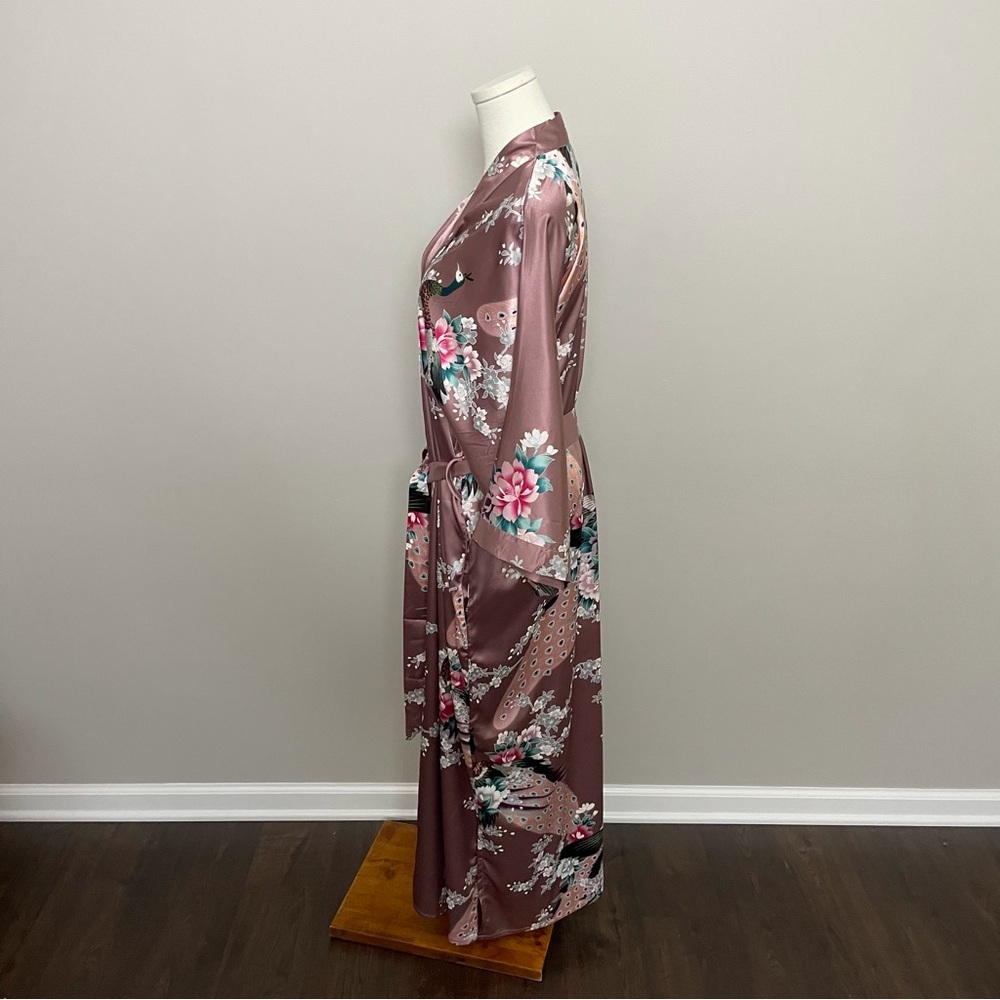 Kim and Ono Robe Kimono Charmeuse Asian Floral Silky Satin Long Pockets Pink - Picture 4 of 13